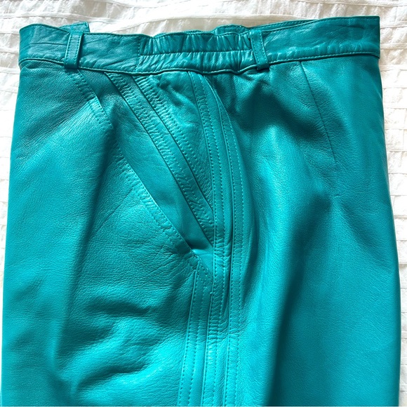 Cool teal vintage leather jeans with slash pockets - Picture 5 of 8